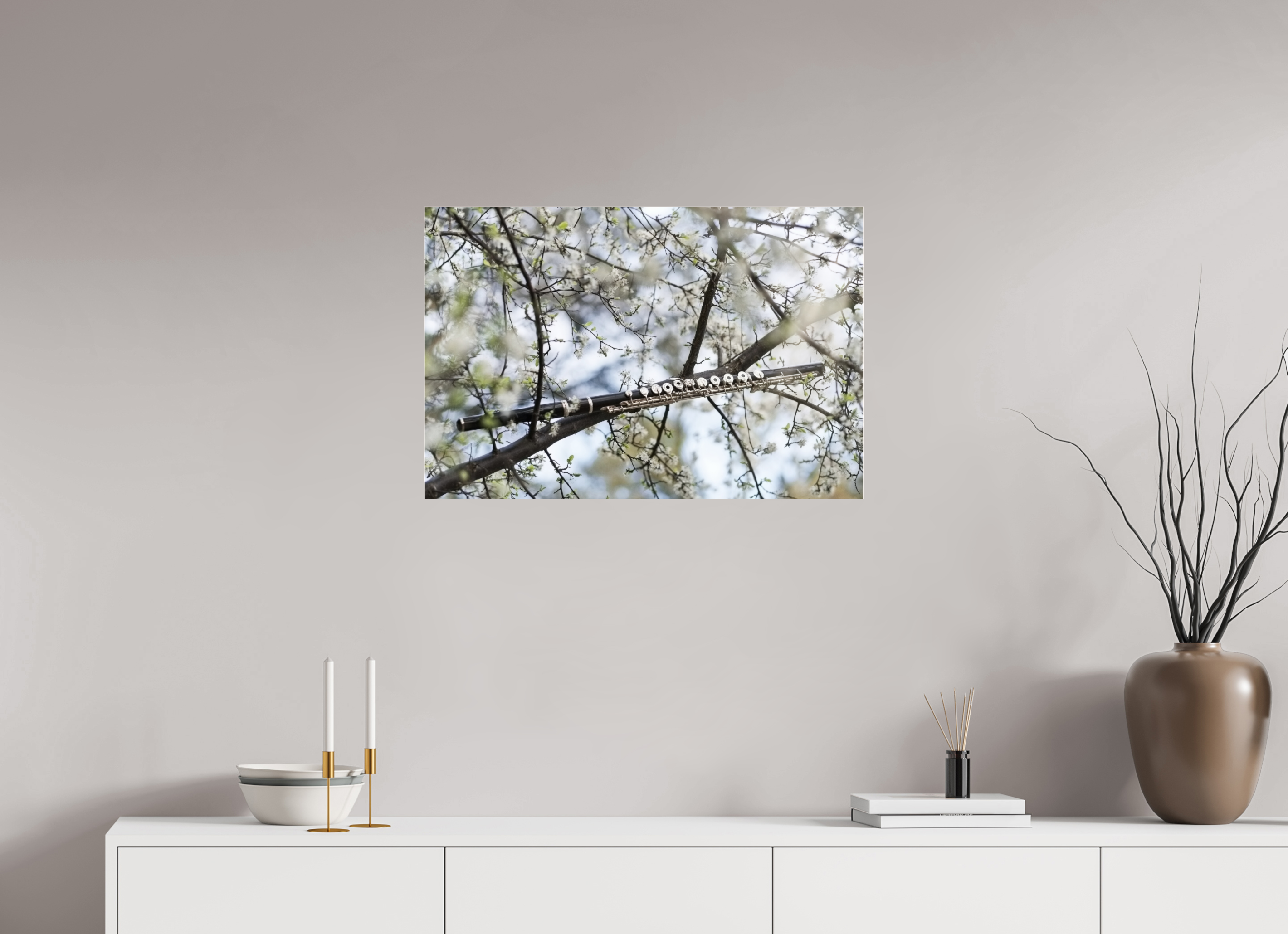 75 x 50 cm, Photo Print Under Acrylic Glass Flute with white flowers.